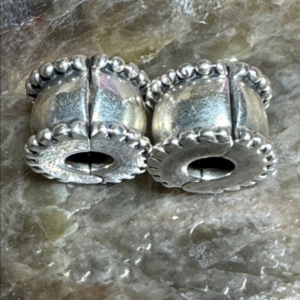 PANDORA STERLING SILVER BEVELED EDGE CLIP CHARM SET OF 2 - Picture 2 of 4